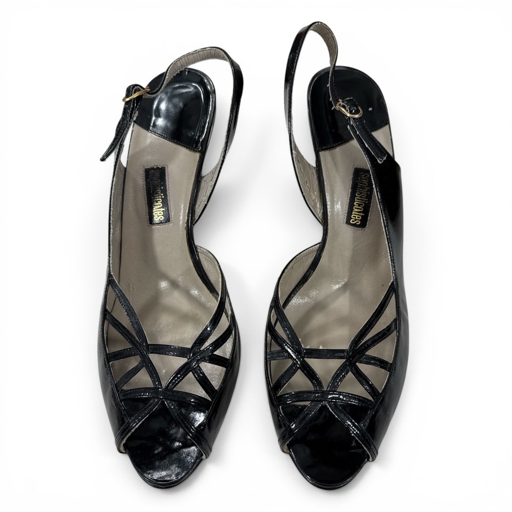 Sophisticates Vintage Black Patent Leather Slingback Peep Toe Heels 10M Strappy